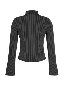 SHEIN PETITE Elegant Grey Stripe Lapel Blouse, Slim-Fit, Casual American Style Women Shirt Fall Cloth For Women - Dark Grey - View 2