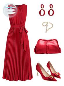 Ellevyn 女士實色無袖綠色連衣裙，帶褶皺裙擺 - 紅色 - 查看 1