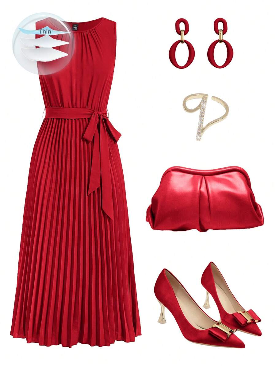 Ellevyn 女士實色無袖綠色連衣裙，帶褶皺裙擺 - 紅色 - 查看 1