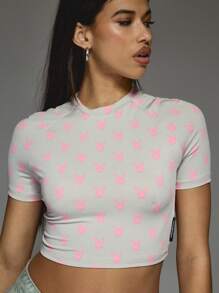 Missguided x Playboy All Over Bunny Print Short Raglan Sleeves Round Neck Crop Fitted T-Shirt - Multicolor - View 4