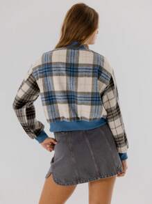 Aralina 经典格子图案拉链罗纹领袖飞行员开衫