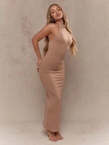 MISSGUIDED Polo Halter Back Tie Neck Backless Maxi Dress