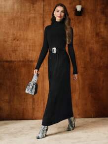 MOTF PREMIUM SOLID HIGH NECK FLARE HEM SWEATER DRESS WITH BUCKLE BELT