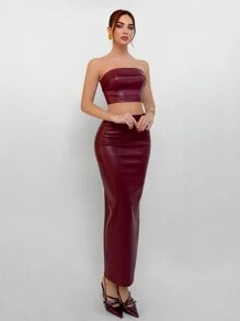 Aloruh 女士圣诞套装两件套 - 优雅性感纯酒红色 PU 皮革抹胸和铅笔裙套装，适合上班、生日、新年 - 酒紅色 - 查看 5