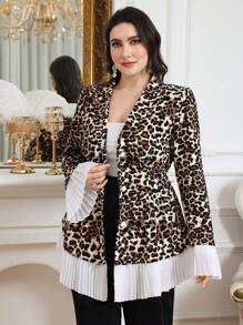 Modelyn Jaket Kasual Wanita Ukuran Besar Motif Leopard Leher V dengan Kancing, Cocok untuk Pakaian Sehari-hari - MultiWarna - View 5