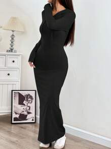 SHEIN EZwear Women's Autumn/Winter Hooded Drawstring Fitted Long Sleeve Knit Bodycon Dress Long Sleeve Bodycon Dress Black Dress With Slit Long Black Dress Long Bodycon Dress Bodycon Maxi Dress Long Sleeve Dress Bodycon Maxi Dress Women - Black - View 3
