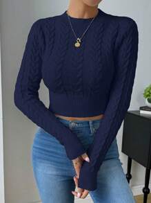 Chiquease Áo len dáng ngắn, màu trơn, ôm sát, thích hợp mặc mùa thu/đông, kiểu áo chui đầu dệt kim. - Màu xanh hải quân - Xem 5