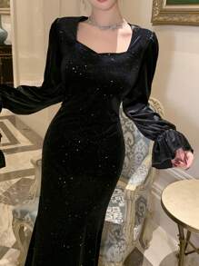 DAZY 亮片拼接长袖女式中长连衣裙，新年除夕舞会礼服，优雅，秋季服装奢华 - 黑色 - 查看 7