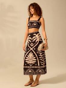 SHEIN x Eduarda Gutierrez CAJUNI 2pcs Women Summer Vacation Sun And Coconut Tree Print Cropped Cami Top And Fitted Maxi Skirt  Casual Tropical Boho Set - Black - View 4