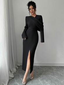 Elenzga 1pc Design Sense V-Neck Flared Sleeve Fitted Slit Dress Maxi Women Outfit - Black - View 6