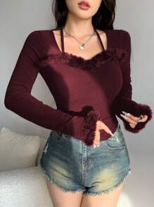 DAZY Áo thun nữ dáng ôm họa tiết lông vũ phong cách vũ công ba lê, quần áo mùa thu tay dài cho nữ - Màu Đỏ Sâu - Xem 3