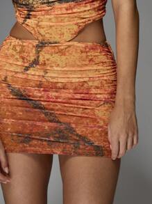 MISSGUIDED Marble Print Mesh Corset Bandeau Top And Ruched Bodycon Mini Skirt Two Piece Co Ord Set - Multicolor - View 5