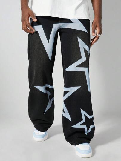 Street Life Jeans droits coupe ample à imprimé étoile pour hommes, style de rue