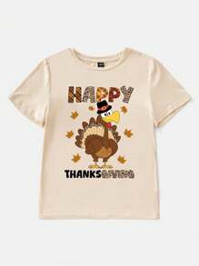 Muchica Áo thun tay ngắn cổ tròn rộng rãi họa tiết gà tây và lá phong mừng lễ tạ ơn tối giản giản dị dành cho nữ, phù hợp cho mùa hè - Màu be - Xem 3