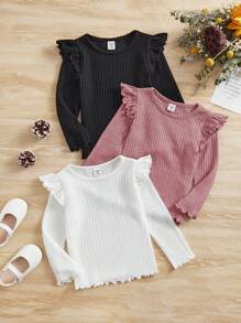 SHEIN Leap Crew 3pcs/Set Baby Girls Cute Knitted Waffle Top With Ruffle Trim Long Sleeve, Autumn/Winter - Multicolor - View 1