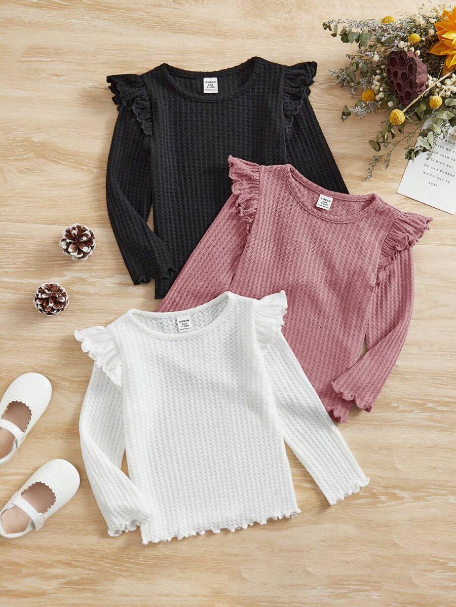 SHEIN Leap Crew 3pcs/Set Baby Girls Cute Knitted Waffle Top With Ruffle Trim Long Sleeve, Autumn/Winter - Multicolor - View 1