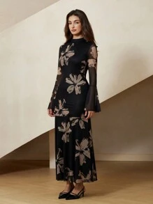 Revavyn Váy bó sát màu đen họa tiết hoa phong cách Pháp thanh lịch có tay loe và chi tiết lưới dành cho nữ thanh lịch - Nhiều màu - Xem 5
