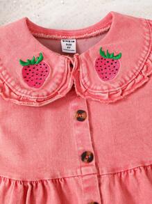 年轻女孩可爱休闲校园风玫瑰褶饰领编织牛仔长袖上衣，前开口，荷叶边饰领和草莓印花，百搭休闲装，2024 年春/秋新品 - 玫紅色 - 查看 6