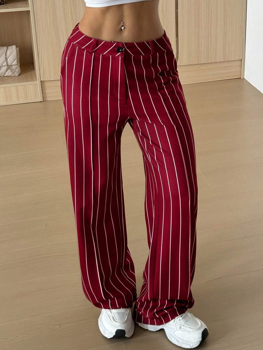 SHEIN EZwear Women Casual Striped Slant Pocket Business Pants, Spring & Autumn - Burgundy - View 1