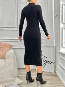 EURMUSE Mock Neck Ribbed Knit Bodycon Sweater Dress - Black - View 2