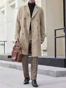 Manfinity VCAY Men's Slim Fit Casual Long Thermal Lined Trench Coat, Suitable For Autumn/Winter, Going Out Fashion Khaki Trench Coat, For Friends, Husband, Boyfriend Gifts