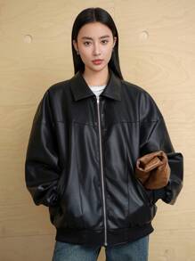 Dazy-Less Áo khoác PU rộng rãi cho nữ, Áo gió dài tay thường ngày cho mùa thu - màu đen - Xem 13