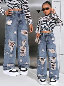 SHEIN 少女Y2K复古蓝色破洞宽松男友直筒牛仔裤，冬季街头风 - 中等水洗藍 - 查看 1