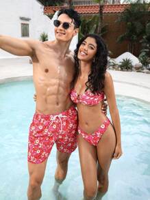 Manfinity Swimmode Men's Floral Print Drawstring Waist Loose Fashionable Beach Shorts,Hawaiian - Multicolor - View 7