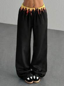 SHEIN EZwear 女士火焰图案运动裤，休闲时尚，适合日常穿着 - 黑色 - 查看 4