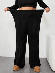 SHEIN CURVE+ Plus Size Women Solid Color Minimalist High Waist Jacquard Flare Pants, Knitted Trousers For Casual Daily Wear, Autumn & Winter - Black - View 7