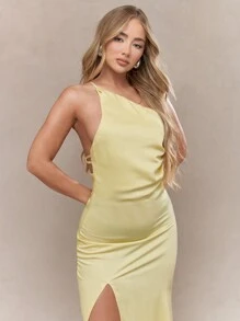 MISSGUIDED Vestido largo asimétrico con un solo tirante, abertura lateral y espalda descubierta - Amarillo - Ver 3