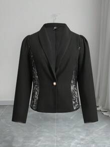 Modelyn Plus Size Solid Color Button Front Long Sleeve Lace Patchwork Casual Outerwear - Black - View 3