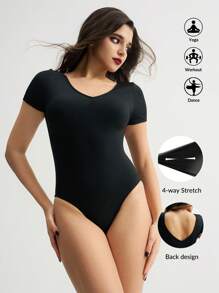 Menodora SHEIN Sport Women's Solid V-Neck Short Sleeve Activewear Ballet Dance Bodysuit - Black - View 1