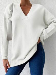 EURMUSE Jersey de cuello V de hombros caídos - Blanco - Ver 5