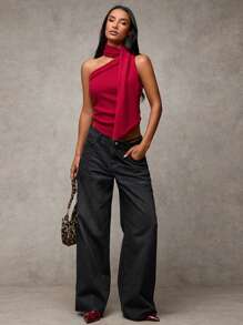 SHEIN BAE Elegante rode asymmetrische halslijn lint wollen top voor dames, feestkleding voor dames, nieuwjaarstop, feestkleding voor dames