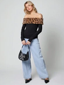 SHEIN EZwear 1 chiếc áo thun dài tay in họa tiết da báo trễ vai cho nữ mùa thu đông áo phông trễ vai đi chơi - Nhiều màu - Xem 5