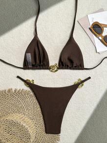 Damen einfarbiger modischer und sexy Bikini-Set für den Sommer - Braun - Übersicht 2