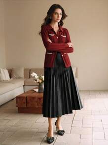 Anewsta Elegant Classic Polo Collar Pearl Embellished Knit Trim Fitted Warm T-Shirt Knit Top Cardigan - Burgundy - View 6