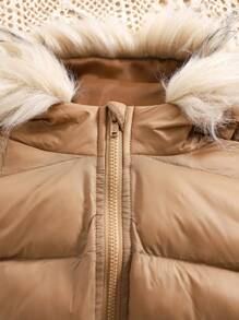 SHEIN Baby Girls Style Cute Versatile Warm Thermal Lined Solid Color Fur Collar Hooded Padded Coat, Suitable For Autumn/Winter - Multicolor - View 4