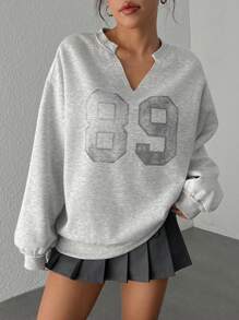 SHEIN EZwear Sudadera casual de mujer con cuello en V de un solo color y estampado numérico, para uso diario