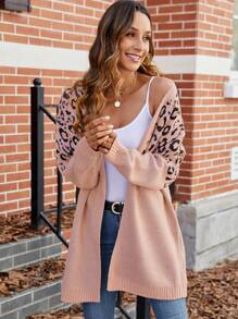 Calvaya Áo len cardigan dài tay họa tiết da báo cỡ lớn, thường ngày đa năng, cho mùa đông - Bụi hồng - Xem 3