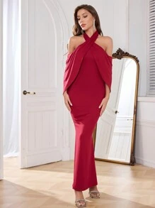 SHEIN Clasi 女士优雅挂脖露背吊带连衣裙新年服装长款女装 - 紅色 - 查看 6
