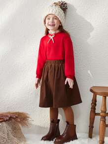 Blossori Young Girls' Elegant Dark Coffee Corduroy A-Line Elastic Waist Midi Skirt, Autumn/Winter Girls Brown Skirtbrown Skirt Kidsbrown Skirt For Kidsskirt Brownwinter Skirt - Brown - View 3