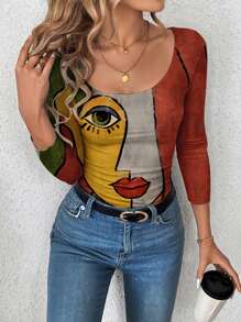 SHEIN LUNE 大码女式休闲简约全印花紧身 T 恤 - 彩色 - 查看 3