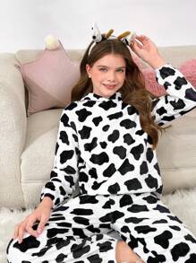 SHEIN Tween Girls 2-Pc Soft Fleece Cow Ear Hooded Long Sleeve Top & Pants Pajama Set, Comfortable And Skin-Friendly For Autumn/Winter - Black and White - View 3