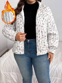 SHEIN Privé Plus Size Floral Print Turtleneck Long Sleeve Loose Casual Sweatshirt, Warm & Fashionable For Autumn/Winter - Apricot - View 5