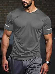 Manfinity Fitness Boyfriend Style Men Letter Print Round Neck Short Sleeve Simple Sports T-Shirt, Casual Daily Wear