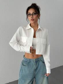 SHEIN EZwear 1 pièce Chemise décontractée ample à manches longues avec épaules dénudées et simple boutonnage pour femme, automne