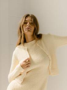 Aralina Cardigan de détente à manches longues avec boutons et devant court, à texture boucle - Jaune citron - Voir 1