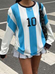 SHEIN Áo thun bóng đá tay dài dáng rộng in họa tiết sọc và số hai tông màu thường ngày cho bé gái tuổi teen, phong cách xuân/thu - Xanh và trắng - Xem 5